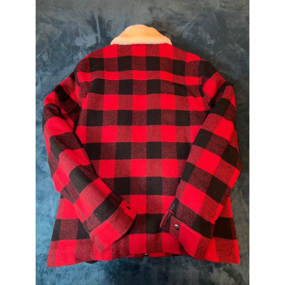 Forever 21 Men Red Black Buffalo Plaid Faux Shearling Collar Zip Jacket Large - Picture 5 of 5